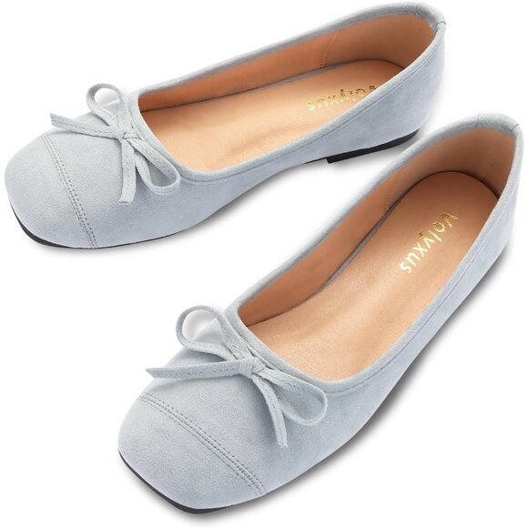 Women's Light Blue Faux Suede Square Toe Slip On Cap Toe Bow Dressy Flat Shoes - Picture 5 of 7